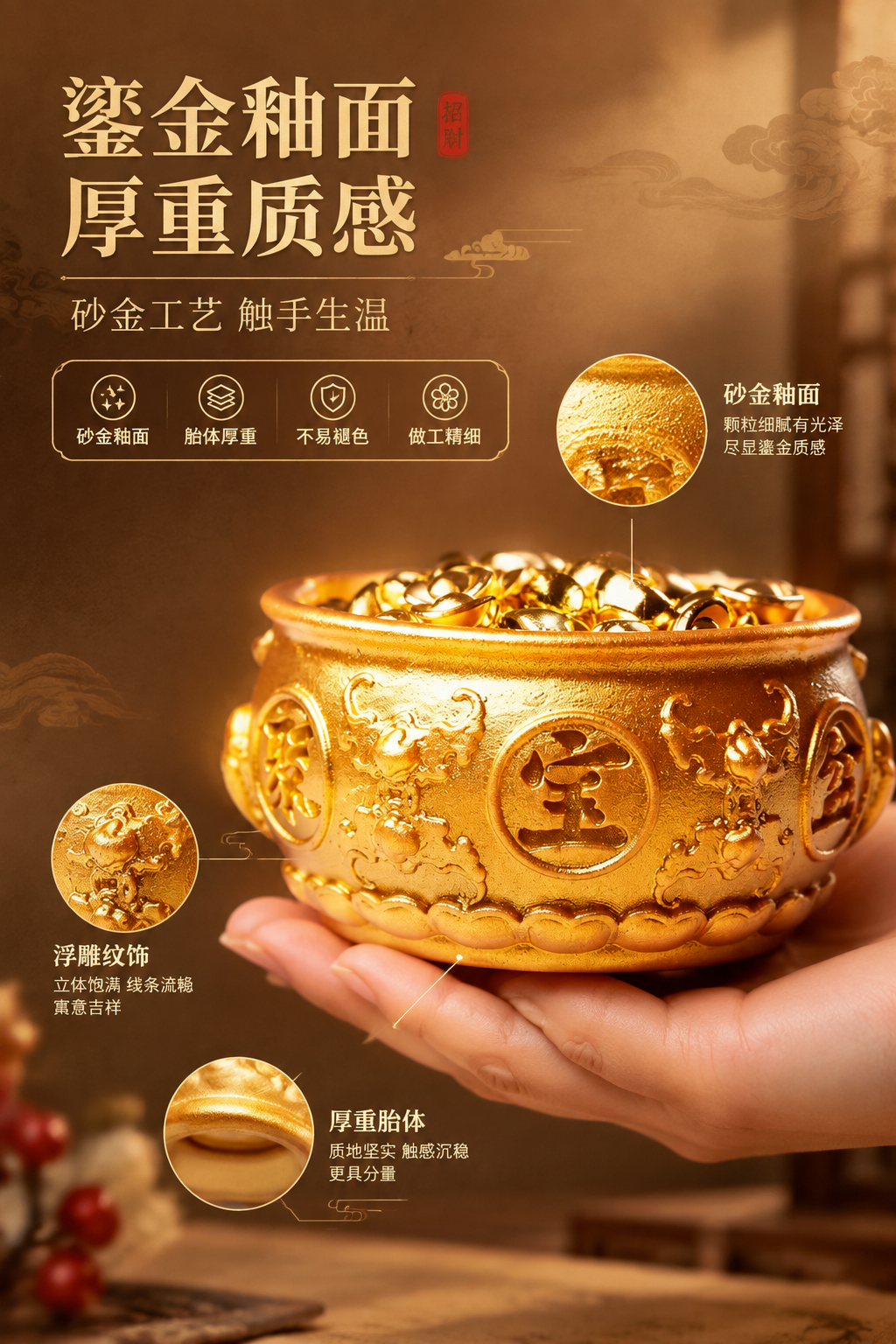 [商品] 使用【图1】金色聚宝盆招财摆件；重点展示盆身侧面鎏金… - 图片创意预览