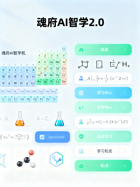 学习机界面菜单图片，界面主标题为"魂府AI智学2.0"，现代科技UI设计，融入化学元素周期表部分、化学方程式、分子式符号化学元素，配色清新科技感，菜单布局简洁清晰，适合学生学习使用预览效果
