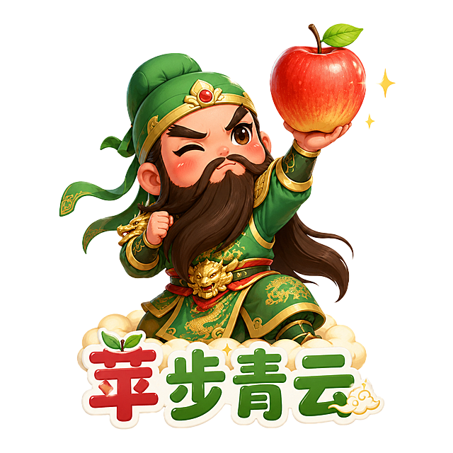 创意可爱Q版插画，关羽形象与苹果搭配，关羽做出举着苹果的帅气可爱姿势，人物和水果互动生动有趣，画面下方配有四字成语谐音梗文案"苹步青云"，整体风格清新可爱，高清晰大图，纯白背景