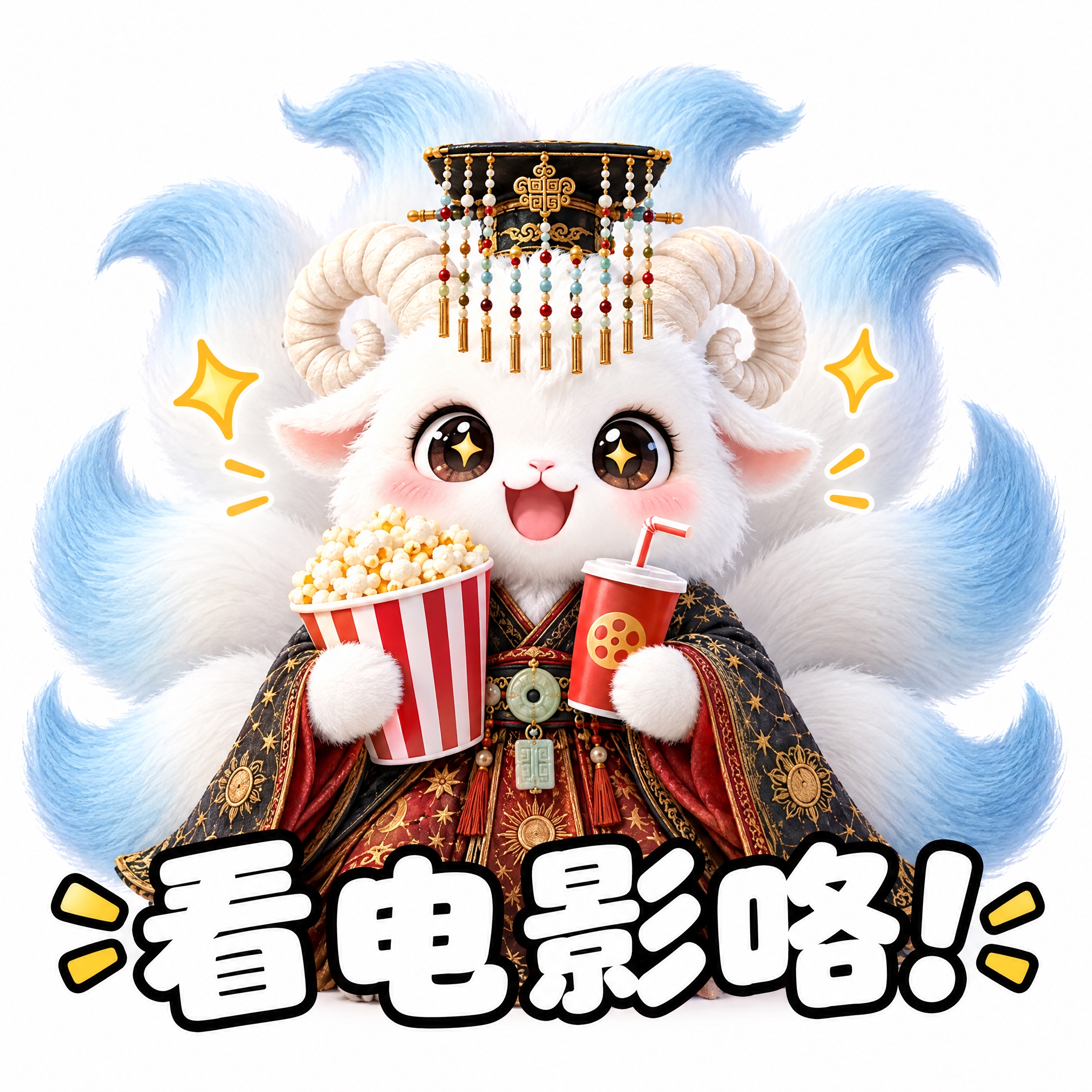 参考图中的白色九尾羊神兽（穿星象汉服、戴冕旒冠），做成可爱表情… - 图片创意预览