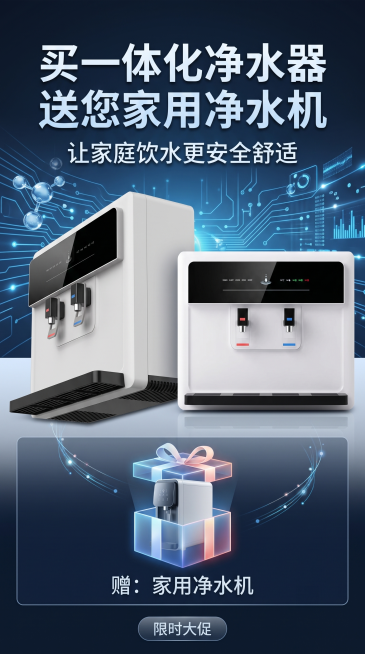 科技商务风促销海报，展示两款一体化净水器产品，配文案："买一体化净水器 送您家用净水机 让家庭饮水更安全舒适"，整体风格简约现代，科技感商务设计预览效果