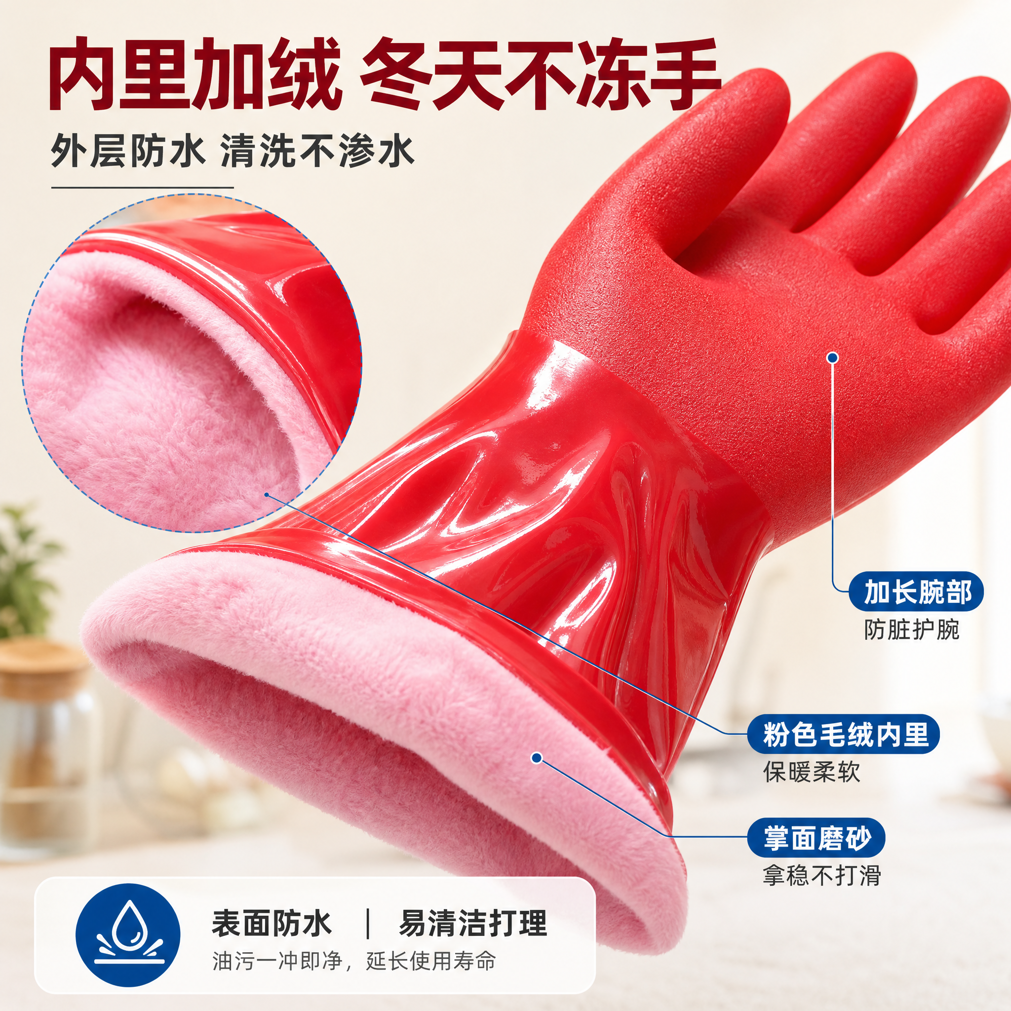 [主图-3] 材质细节：红色PVC外层+粉色毛绒内里+加长腕部… - 图片创意预览