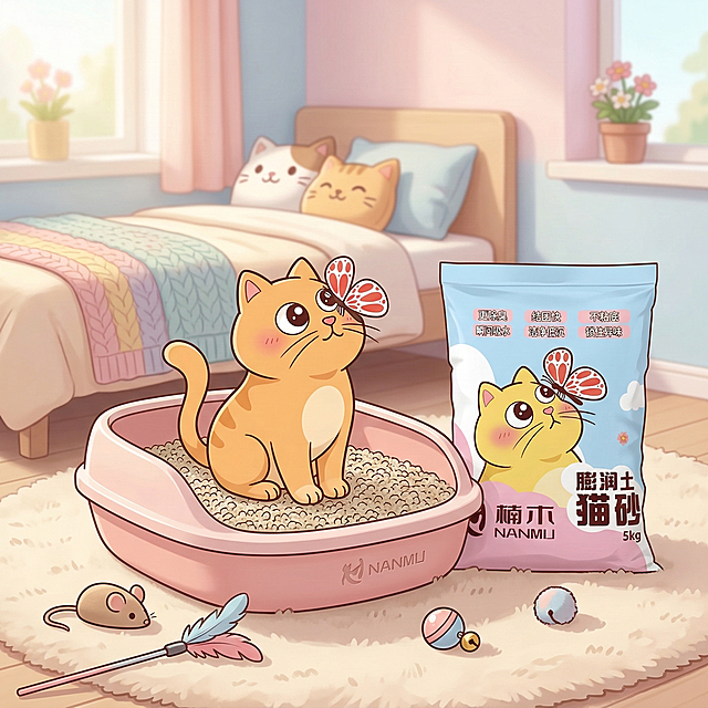 可爱风格，1:1比例，猫咪使用场景图，画面呈现温馨的卧室场景，可爱的橘色猫咪在猫砂盆里安心使用楠木膨润土猫砂，周围布置柔软的地毯和可爱的猫玩具，整体氛围温暖治愈