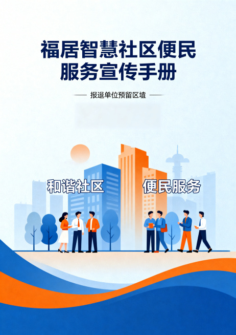政务风格社区服务宣传手册封面，画面庄重正式，主色调为蓝色和橙色，上方写有“福居智慧社区便民服务宣传手册”大字标题，下方标注报送单位相关预留区域，背景融合和谐社区、便民服务的简约插画元素，整体风格正式规预览效果