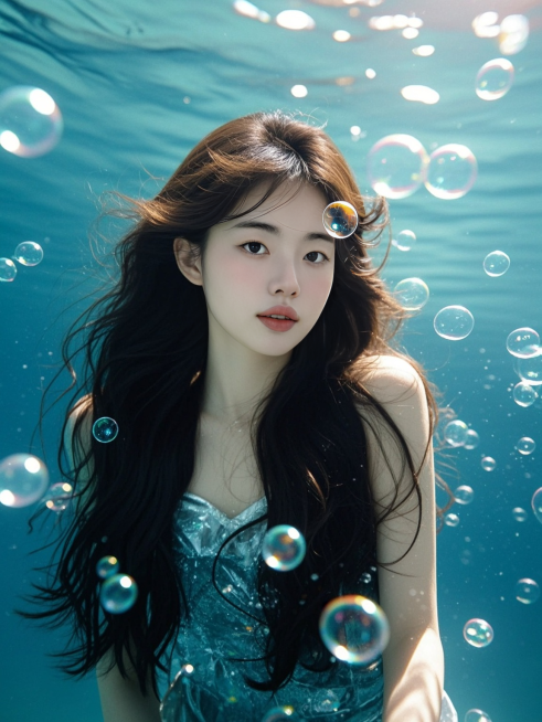 长发少女，水下写真，周围少量气泡装饰，正面视角，清透梦幻氛围，商业摄影预览效果