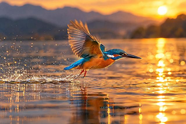 使用索尼A7M5相机预拍摄功能、400mm f/4.5长焦镜头拍摄的翠鸟高清摄影作品，翠鸟在水面低空掠过，翅膀快速扇动，爪子几乎触及水面，身后留下一道优美的水痕，翠蓝色背羽在侧光下呈现出宝石般的光泽，橙红色胸部鲜艳，背景是金色夕阳映照下的湖面，波光粼粼，远处山峦虚化，温暖的黄昏色调，动态飞行捕捉，野生动物摄影，专业鸟类摄影