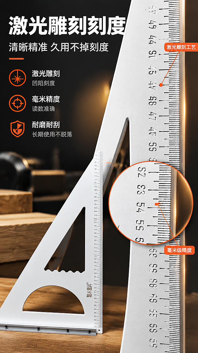 [商品] 使用【图1】树脂木工三角尺刻度区域局部；保留刻度线的激光雕刻质感、刻度数字字体与排列、毫米级细密刻度、"精木量科"品牌字样、树脂白色基材；商品处理：放大刻度区域，增强激光雕刻的凹陷质感与清晰度，刻度线黑白分明锐利可读。
[画面] 目标：证明激光刻度清晰、不掉刻度。构图：右侧大特写刻度区域占画面60%，左侧文案+对比示意。背景：深炭灰微距背景，刻度区域打侧光突出雕刻立体感。前景有放大镜效果圈出最细密刻度，中景刻度特写，后景深色渐变虚化，3层视觉层次。
[视觉] 套系策略：风格=工业专业风商业摄影；标题字=粗黑无衬线工业字体；正文字=简洁无衬线体；主色=深炭灰+原木暖棕；背景延展=基于深炭灰与暖木棕做深浅层级、同色渐变和木纹/金属质感；强调色=橙红色，仅用于小面积图标、引线、标签和重点数字高亮；标题色=白色；正文色=浅灰；组件=放大镜圆圈、橙红引线标注、对比小图卡片；光影=侧逆光打亮刻度边缘，突出激光雕刻的立体感与深度。
[文字] 左上主标题："激光雕刻刻度"（6字），副标题："清晰精准 久用不掉刻度"（10字）；下方3个信息点：1.激光雕刻 凹陷刻度 2.毫米精度 读数准确 3.耐磨耐刮 长期使用不脱落；右侧刻度特写用引线标注"激光雕刻工艺""毫米级精度"；文字全部横排。
[规格] 图片比例9:16竖版，4K，负向提示：避免刻度模糊变形、数字错乱、品牌文字改变、颜色偏差、卡通风格、文字竖排、文字过小、绝对化用语。
