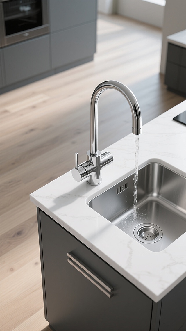 超写实3D渲染的现代厨房水龙头特写，极简主义设计风格，银色金属质感水龙头搭配可旋转出水口，安装在白色光滑人造石台面上，嵌入式不锈钢水槽带有圆形排水口，下方为深灰色哑光橱柜配银色长条形拉手，背景是浅色木质地板，柔和自然光从上方照射形成细腻高光与阴影，整体呈现干净、高级、宁静的氛围，注重材质纹理细节与空间层次感，不同角度展示水龙头在现代厨房环境中的多种布局搭配。