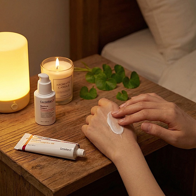 根据图中产品再结合一下提示词生成八张不一样的产品图- 专业院线风：产品置于浅灰色医美级背景上，管身倾斜45°，突出“Dermatological Heritage Since 1968”字样，冷调柔和光线，营造专业、安心的护肤氛围。右侧排列三枚认证徽章，整体构图简洁有力，突出医学护肤与抗衰修护卖点。       2. 氛围感场景图（社交种草+代入感）   - 夜间修护场景：Centellian24抗衰面霜放在木质床头柜上，旁边搭配同品牌精华、香薰蜡烛与暖黄小夜灯。手取面霜轻抹在手背，柔焦暖光营造治愈氛围，突出夜间抗衰修护的仪式感。背景点缀积雪草叶片（呼应成分），强化产品天然修护力。 - 极简ins风护肤台：白色软管面霜置于米白色大理石台面上，搭配透明玻璃杯与新鲜积雪草，自然光柔和洒落，整体色调干净柔和。管身红橙线条成为视觉亮点，突出产品温和抗衰、适合敏感肌的特点，画面松弛治愈。       3. 成分与质地图（放大核心卖点）   - 质地特写：白色软管挤出绵密乳霜质地，指尖推开后呈现水润光泽，柔光捕捉细腻肌理，背景为纯净浅灰。特写积雪草叶片与面霜同框，突出产品修护抗衰的核心成分，画面干净有说服力。 - 成分可视化：面霜质地特写，周围环绕半透明积雪草活性分子特效，冷光背景下凸显成分活性与修护力。软管包装一角入镜，强化品牌识别，适合突出科技抗衰的内容场景。