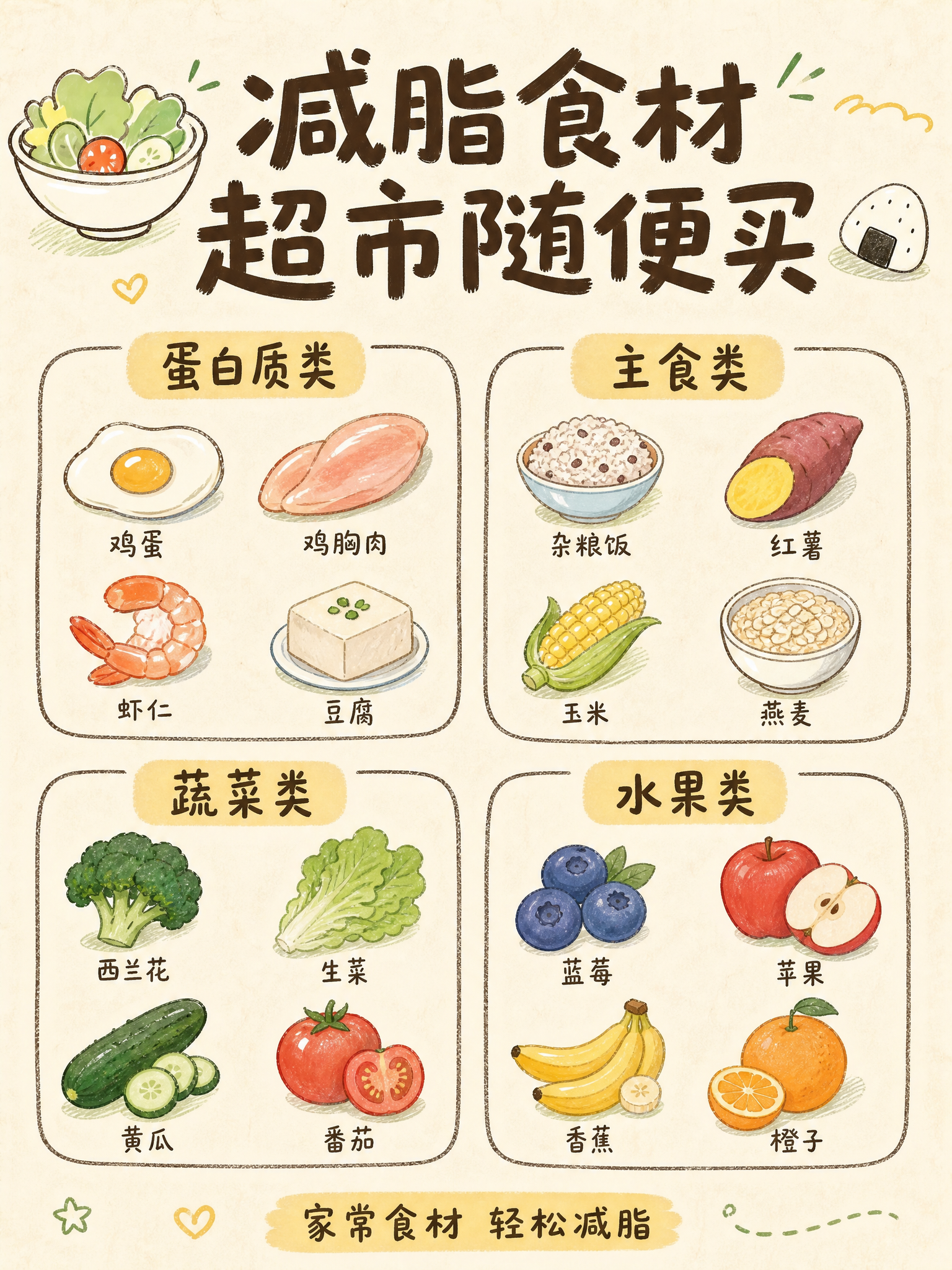 [主图-4] 减脂餐食材清单图，展示常见的减脂食材分类，主打食… - 图片创意预览