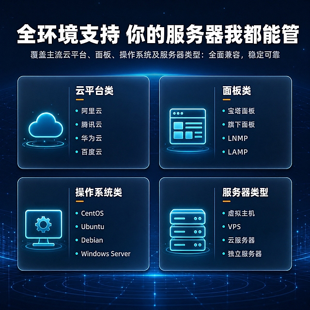 [详情图3-支持环境] 服务器代维支持环境展示图，核心任务是说明支持的云平台、面板、操作系统和服务器类型，体现覆盖面广。
[统一基调] 商务科技风格，深蓝渐变背景配青色科技光效，主标题白色粗体无衬线字，副标题浅灰色，强调色用青色和橙色点缀，卡片用半透明深色玻璃拟态，圆角16px，图标用线性简约风格，整体专业可信克制。
[画面] 四大类支持环境用2×2网格布局展示，每个类别一个卡片，卡片内有对应图标和名称列表。左上：云平台类（阿里云/腾讯云/华为云/百度云）配云朵图标；右上：面板类（宝塔面板/旗下面板/LNMP/LAMP）配面板图标；左下：操作系统类（CentOS/Ubuntu/Debian/Windows Server）配系统图标；右下：服务器类型（虚拟主机/VPS/云服务器/独立服务器）配服务器图标。
[光影质感] 科技感柔光，四个卡片均匀分布，每个卡片有轻微悬浮投影，图标有微弱发光效果，整体干净通透。
[配色] 主背景深蓝#0a1929渐变，卡片半透明深灰蓝，类别标题白色，列表文字浅灰#b2bac2，图标青色#00b8d4发光。
[文字版式] 顶部大标题"全环境支持 你的服务器我都能管"，白色粗体。四个卡片每卡顶部是类别名称，白色粗体，下方是具体支持项，每行一个，浅灰色小字，左对齐。卡片内图标在左侧，文字在右侧。
[输出要求] 1:1正方形，2048px，文字清晰可读，网格布局整齐，无变形错字，无水印无平台Logo。