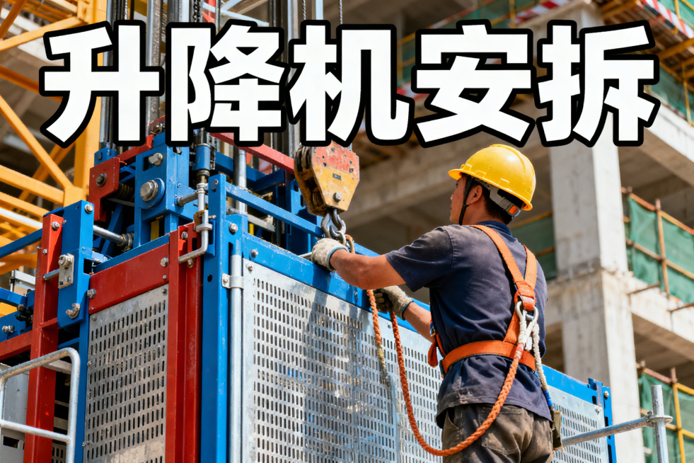 升降机安拆封面，画面呈现工人在工地对施工升降机进行安装作业，佩戴安全帽和安全绳，上方有"升降机安拆"醒目文字，风格专业写实，无水印预览效果