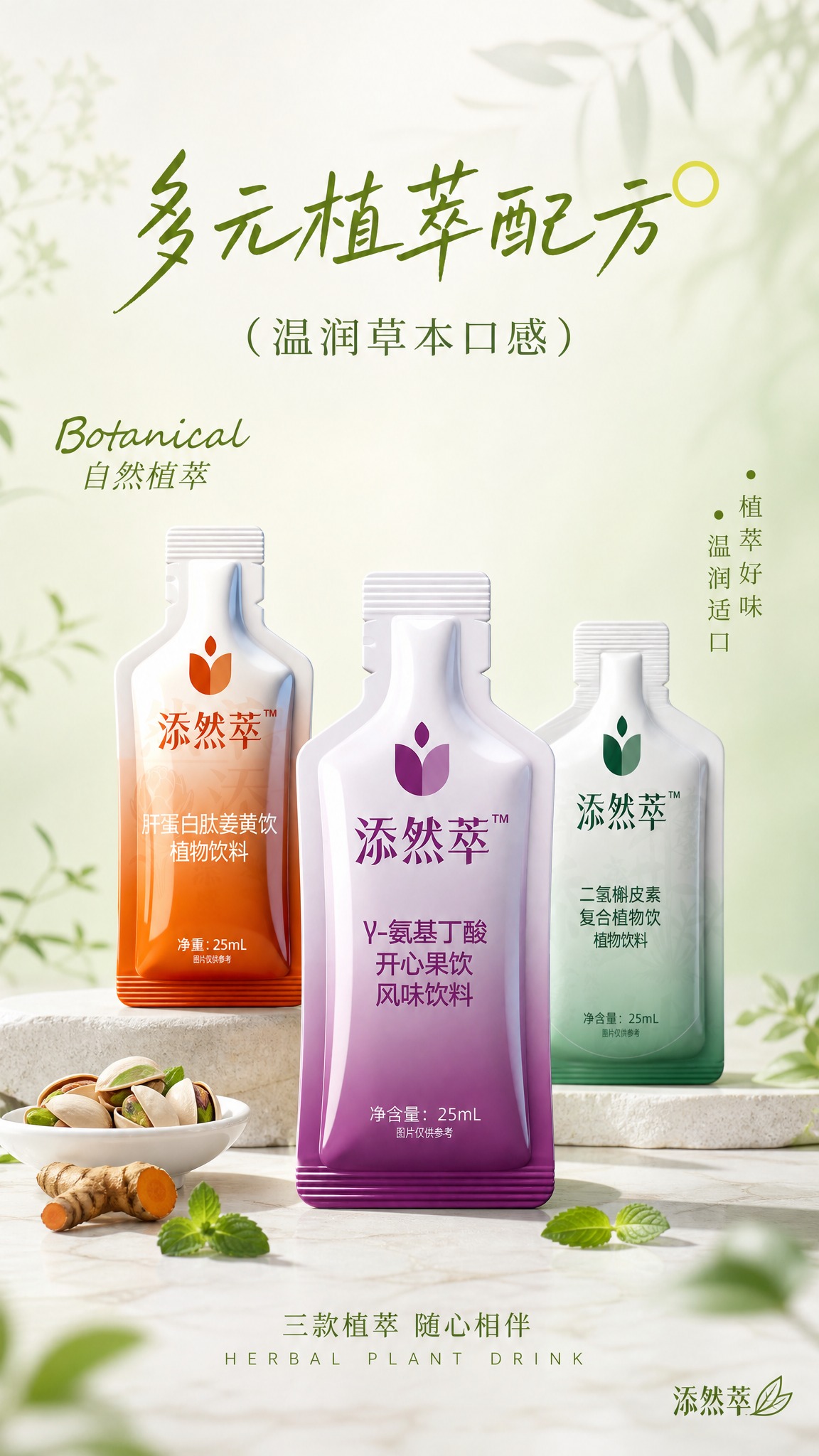 写实商业摄影风格植物饮料系列产品海报，竖版。 【背景与氛围】浅… - 图片创意预览