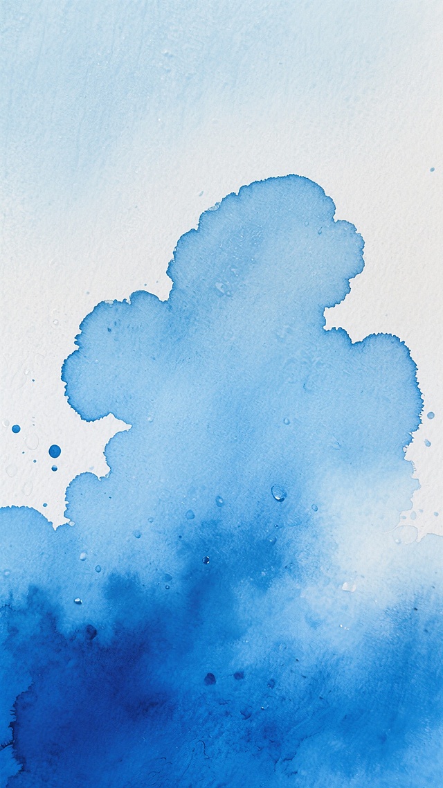 水彩风格的蓝色渐变背景，从画面顶部的浅淡天蓝色柔和过渡到底部的深邃靛蓝色，呈现出自然晕染的层次感。湿润的颜料在纸张上形成不规则的云朵状色块，边缘带有朦胧的虚化效果，部分区域因水分聚集而产生较深的蓝色斑点和水渍纹理，整体色调清新通透，营造出宁静而空灵的氛围，色彩过渡自然流畅，无明显笔触痕迹，充满水彩特有的轻盈与流动感。