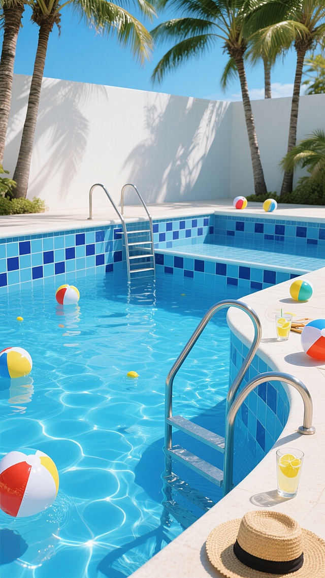 超写实摄影风格，清澈见底的蓝色泳池，池壁铺着白色与深蓝色相间的马赛克瓷砖，金属扶梯延伸入水中，水面波光粼粼反射着强烈的夏日阳光，池边散落着色彩鲜艳的沙滩球、漂浮的柠檬水玻璃杯和遮阳草帽，背景有高大的棕榈树投下斑驳阴影，整体呈现明亮、清爽、充满活力的夏日泳池氛围，光影对比强烈，细节清晰，色彩饱和度高。