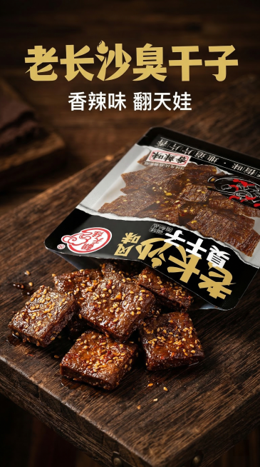 9:16竖版商品主图，老长沙风味臭干子包装袋居中放置，拆开后可见深褐色带辣椒芝麻的臭干子，放在包装袋前方，油亮诱人，背景是深色复古木质桌面，暖调光影，全屏铺满无白边，主标题文字"老长沙臭干子"，副标题预览效果