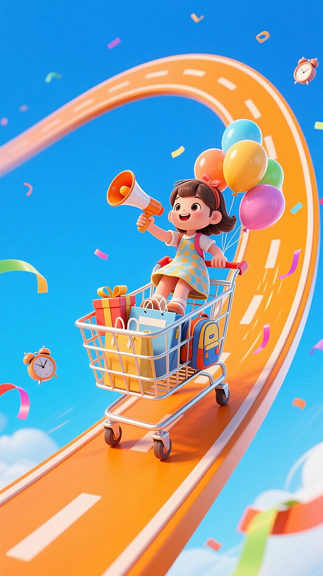 一条悬浮在空中的橙色曲线道路，上面有一个可爱的小女孩坐在一辆购物车顺着道路冲，强动态感，手上拿着喇叭，车上系着气球，购物车里有购物袋、礼盒以及书包等儿童用具，周围点缀彩带、小闹钟等元素，蓝天背景