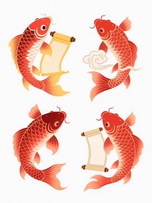 中国传统风格插画，四条形态各异的红色锦鲤，分别与不同样式的卷轴、祥云组合，保持原有的红、黄、白配色和细腻的线条勾勒，整体构图对称整齐，白色背景，画面简洁明快，富有吉祥寓意预览效果