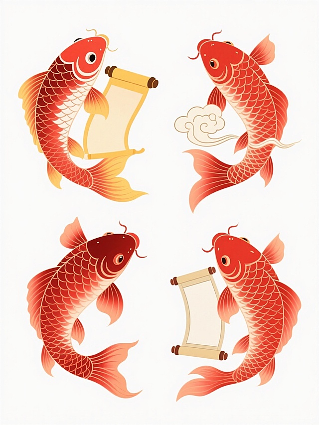 中国传统风格插画，四条形态各异的红色锦鲤，分别与不同样式的卷轴、祥云组合，保持原有的红、黄、白配色和细腻的线条勾勒，整体构图对称整齐，白色背景，画面简洁明快，富有吉祥寓意