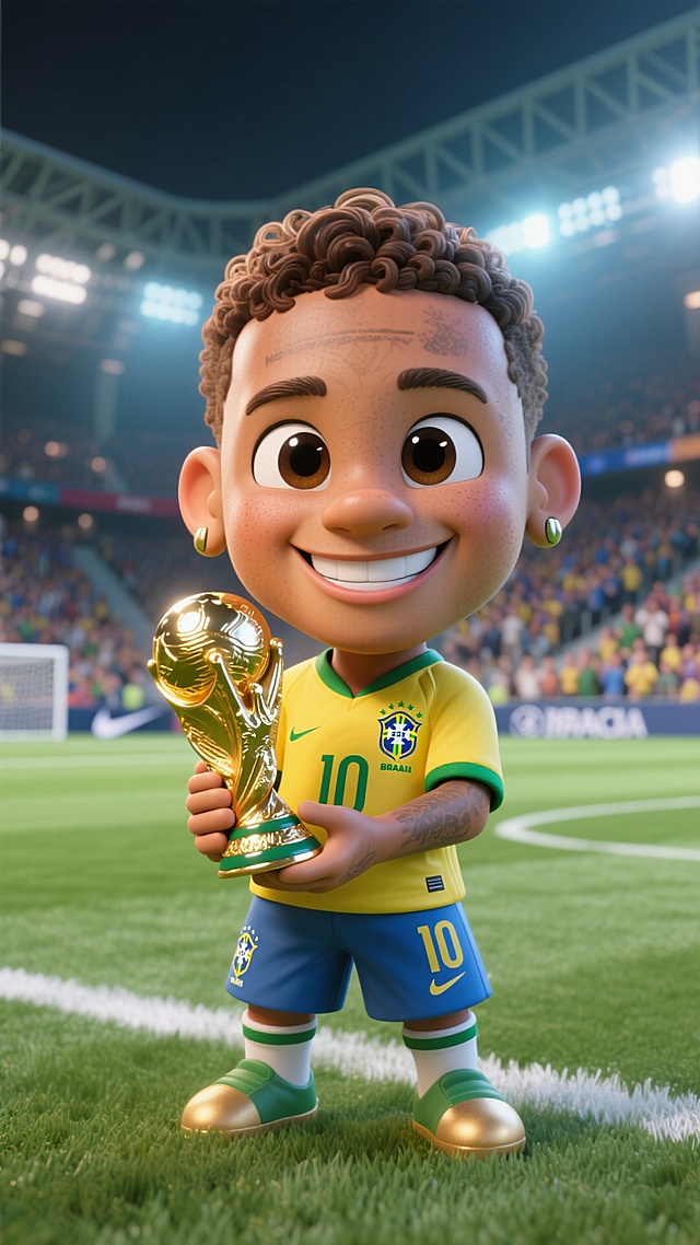 Q版Neymar，3D卡通风格，身体显示完整，侏儒比例，手办感觉，身穿巴西队球衣，手捧着世界杯奖杯，眼神笑眯眯，C4D 渲染有反光，皮肤非常精致光滑，背景是有观众的足球场