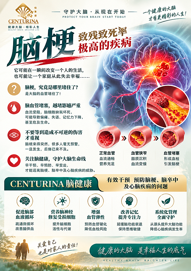 基于参考图进行精确复刻，100%保留原海报的全部版式骨架、配色、大脑血管图、血管堵塞示意图、图标、装饰元素和所有文字内容，一字不差，不得改写、简化或编造任何文字。将画面尺寸调整为3508×4966像素竖版（A1竖版比例），整体内容按比例完美放大适配，四周保留安全边距。青绿色医学科普风格，通透高级质感，CMYK印刷级高分辨率，画面清晰锐利，文字边缘锐利无模糊。左上角佰草回CENTURINA品牌logo及标语完整保留。主标题「脑梗 致残致死率极高的疾病」完整保留。四大科普要点（脑梗究竟是哪里堵住了、脑血管堵塞越堵越严重、不要等到不可逆伤害才重视、关注脑健康守护大脑生命线）及对应图标完整保留。右侧血管堵塞三阶段示意图（正常血管、血管狭窄、血管堵塞）及说明文字完整保留。底部CENTURINA脑健康五大核心价值图标（促进脑部血液循环、营养脑神经修复受损细胞、增强血管弹性、改善记忆提升专注力、系统化管理全面守护）及说明文字完整保留。底部老年夫妇背影场景图、关爱自己标语及「健康的大脑 是幸福人生的底气」口号全部与参考图完全一致。画面中所有文字必须与参考图完全一致。画面中所有数字必须精确渲染，不得错位、遗漏或编造。画面中所有信息区域必须填充完整，不得出现空白。版式精美，印刷级超高画质。