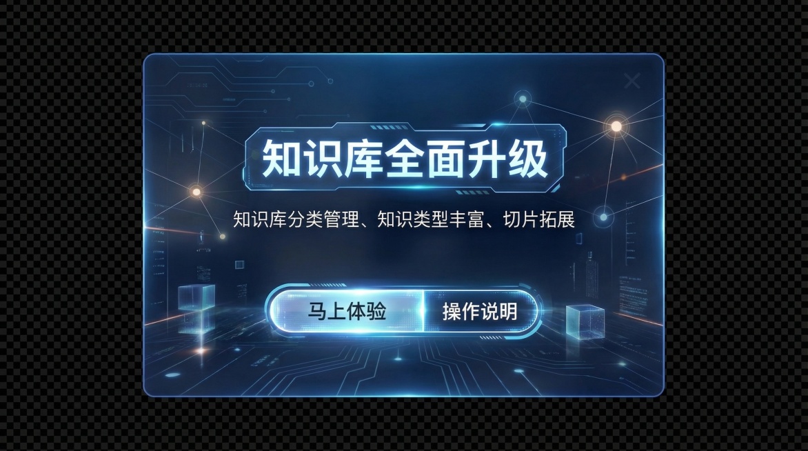 纯弹窗设计，无实景背景，科技蓝配色风格，保留原文字和按钮：主标题"知识库全面升级"，副标题"知识库分类管理、知识类型丰富、切片拓展"，大尺寸"马上体验"按钮，小尺寸"操作说明"按钮预览效果