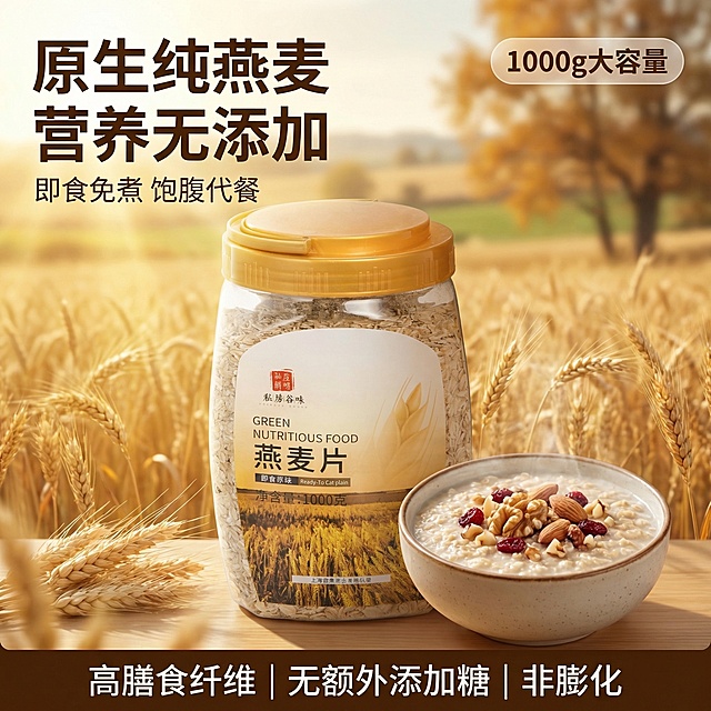 基于产品图生成即食原味燕麦片电商主图首图，清新自然田园风，暖阳逆光氛围感，健康食欲感。燕麦片产品罐居中放置，主体占比60%，罐旁摆放冲泡好的软糯燕麦粥（瓷碗盛放，撒少许坚果碎点缀），背景为秋日金色燕麦田实景，暖金色阳光从侧后方洒下，在产品表面形成柔和光晕，背景铺满全屏无边框。配色：主色调暖金色、燕麦米白色，辅助色原木色、清新草绿色。平视角度，浅景深突出产品主体。文字：左上角「原生纯燕麦 营养无添加」，无衬线粗体暖白色字；副标题「即食免煮 饱腹代餐」，字号比主标题小50%，浅米白色字；右上角半透明胶囊标签「1000g大容量」，深棕色字；底部卖点「高膳食纤维 | 无额外添加糖 | 非膨化」，白色无衬线字，所有文字不遮挡产品主体。