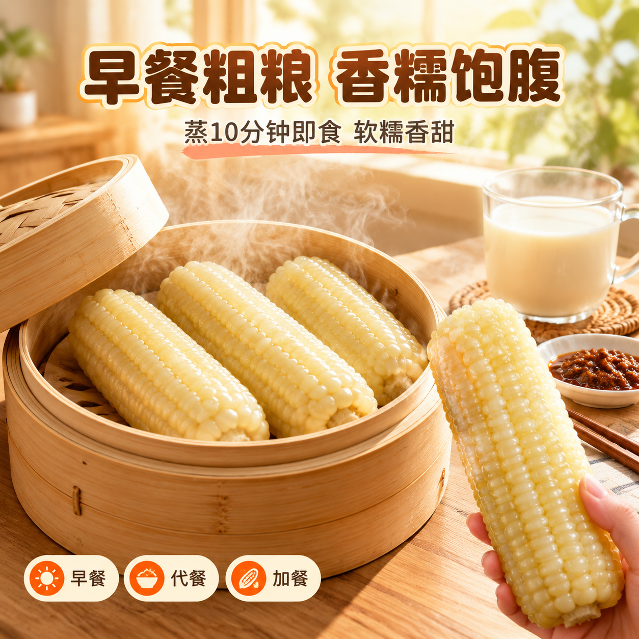 [主图-4] 食用场景与体验，主题为家庭餐桌蒸玉米场景，代入日… - 图片创意预览