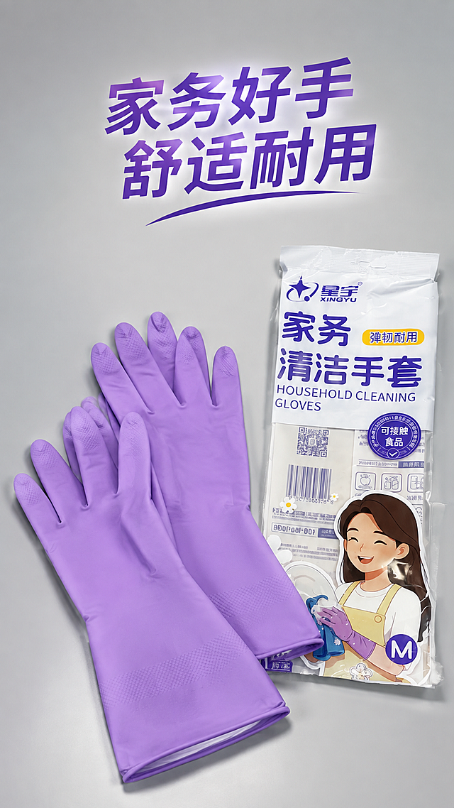 紫色家务手套产品摄影图，浅灰色渐变背景，一双紫色家务手套居中展示，旁边有产品包装袋，干净简约商业摄影风格，高清质感。文字：家务好手 舒适耐用。9:16竖版。