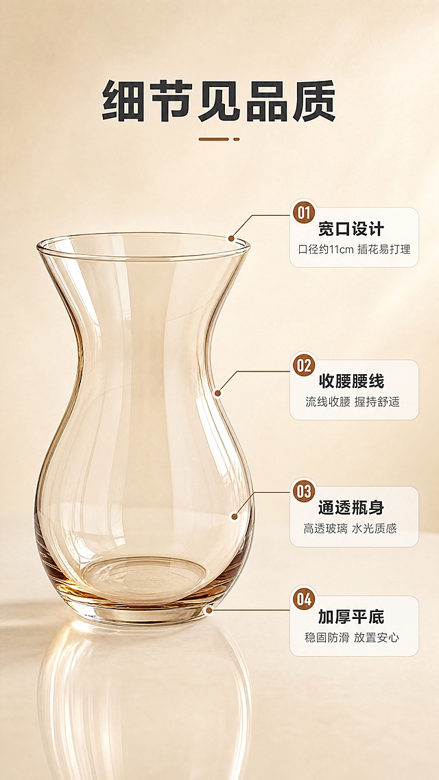 [商品] 使用【图1】琥珀色收腰玻璃花瓶；保留收腰流线造型、宽口边缘、加厚瓶底、玻璃材质通透感，瓶身结构与原图完全一致。
[画面] 目标：结构细节解析页，引线标注关键部位说明设计优势。构图：产品居中偏左，右侧及上方引线标注，产品占画面约55%。景别：中景特写。前中后景：前景花瓶底部倒影、中景花瓶主体+引线文字、后景暖米色渐变背景。阅读动线：顶部标题→瓶身各部位引线说明。场景：简约影棚感，纯净背景突出产品结构。
[视觉] 套系策略：风格=简约轻奢家居商业摄影；标题字=现代无衬线粗黑体；正文字=简洁无衬线体；主色=暖米杏；背景延展=基于暖米杏做深浅层级、同色渐变和细腻纸张质感；强调色=琥珀棕，仅用于小面积图标、引线和标签；标题色=深炭灰；正文色=中暖灰；组件=圆角浅底信息卡、细线引线、胶囊标签；光影=右前侧暖柔光，柔和自然阴影。
[文字] 顶部主标题「细节见品质」，4处引线标注：①宽口设计「口径约11cm 插花易打理」②收腰腰线「流线收腰 握持舒适」③通透瓶身「高透玻璃 水光质感」④加厚平底「稳固防滑 放置安心」。文字全部横排，字号保证手机端可读。
[规格] 图片比例9:16竖版，4K分辨率，medium质量，避免变形、错字、文字过小、冷蓝背景、瓶身颜色改变、结构失真。