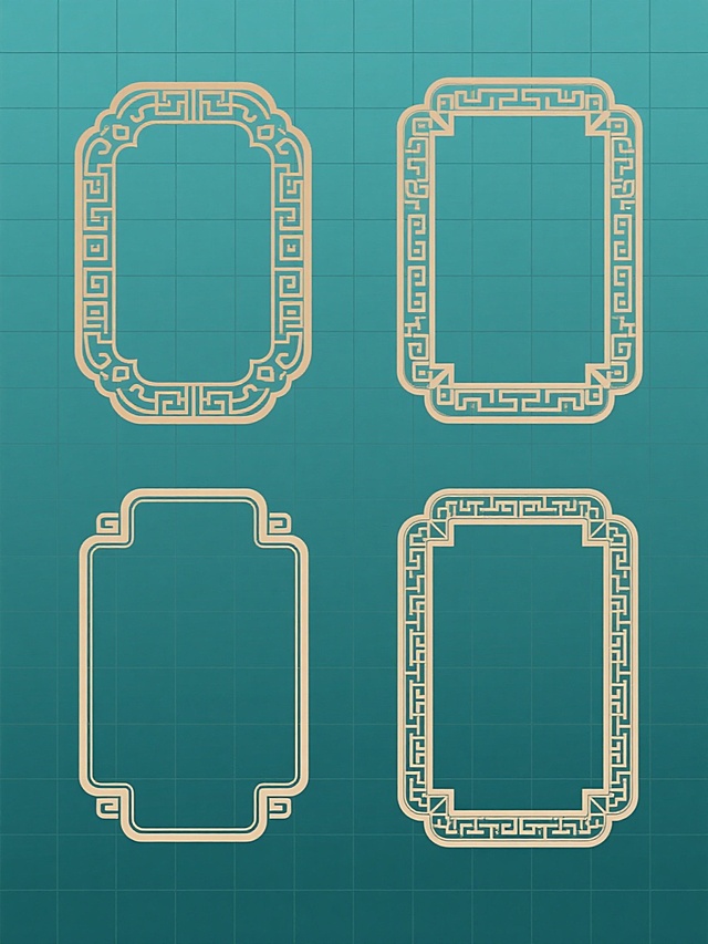 一套四个完全不同造型的中国传统边框系列素材集合，每个边框拥有独特的传统纹样和形状，所有边框以规整的网格状排布在纯色背景上，整体采用统一的中国传统风格，线条细腻流畅，保持传统边框的元素内容，同时变换画面的整体色彩，每个边框样式各异，具有浓郁的中国传统文化韵味，设计感十足，适合作为装饰或框架使用。