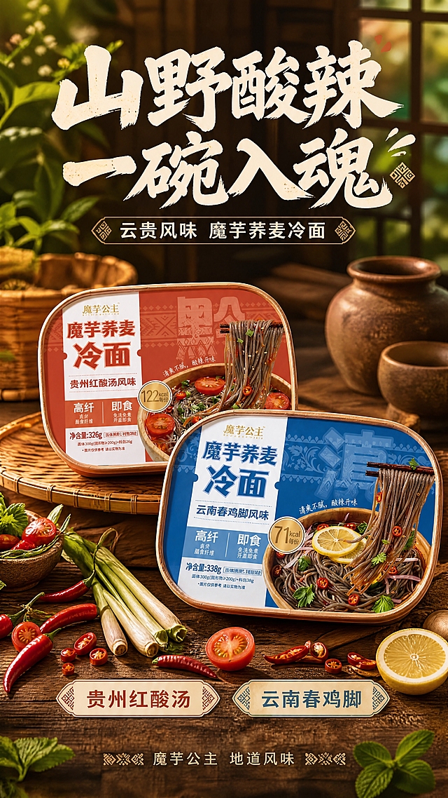 [商品] 使用【图1】中的贵州红酸汤风味（红盒）+ 云南春鸡脚风味（蓝盒）两款盒装魔芋荞麦冷面；保留包装盒结构、颜色、Logo、品名文字、风味标签、净含量、热量标识，包装文字清晰不变；两盒一前一后错落摆放，正面朝向观众，产品占画面70%。
[画面] 目标：山野气息头图，云贵风味主视觉，强化产品展示。构图：上文下图，顶部大标题，中部双盒产品为绝对主体，前景散落新鲜小米辣、柠檬片、番茄、香茅、薄荷叶等云贵食材，中景老旧木桌 + 竹编簸箕，背景虚化的土陶、木窗格、山野绿植。阅读动线从上到下，三层景深：前景食材特写、中景产品主体、后景山野厨房虚化。
[视觉] 套系策略：风格=云贵山野风物感食品商业摄影，质朴有食欲；标题字=手写粗黑体带斑驳肌理，民族感；正文字=简洁无衬线体；主色=土棕褐；背景延展=老木头桌面 + 竹编纹理 + 土陶器物 + 山野绿植剪影 + 暖丁达尔光；强调色=米黄，用于标签和图标；标题色=米白粗体带纹理；正文色=深棕；组件=米黄圆角标签、竹编分割线、民族纹样角饰；光影=侧前暖自然光，木桌有自然纹理阴影，产品正面清晰。
[文字] 顶部主标题"山野酸辣 一碗入魂"，副标题"云贵风味 魔芋荞麦冷面"；产品下方两个小标签：左"贵州红酸汤"右"云南春鸡脚"；底部小字"魔芋公主 地道风味"。所有文字横排，不遮挡产品正面主体。
[规格] 图片比例9:16竖版，4K，负向提示：避免包装文字错乱、产品变形、冷蓝灰主色、文字竖排、蚂蚁字、极限词、现代感过强。