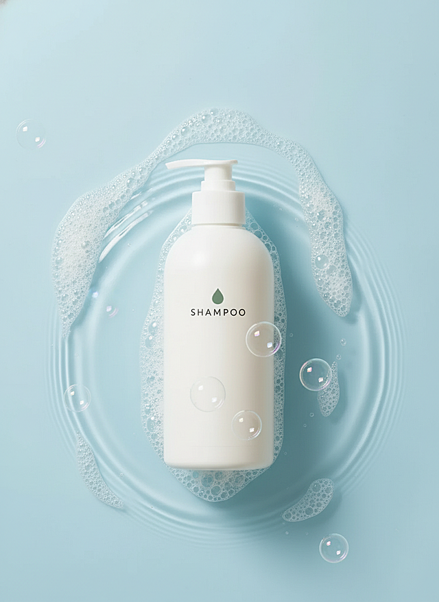 图中主体放到浅浅的水池中间，形成涟漪，周围有泡沫和泡泡，整体色调为浅蓝色