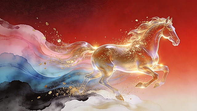 新中式奢华商业海报，2026 马年春节主题，背景为高饱和度的正红色渐变，从顶部的深邃暗红到底部的亮红，营造出喜庆庄重的氛围。主体是一匹完全由流体构成的奔马，姿态呈向前奔腾的动感状态，马的轮廓由半透明的渐变流体构成，色彩层次丰富：
马身主体：以暖金色为基底，表面覆盖金箔碎闪质感，呈现出金属光泽的通透感
流体拖尾：从马身向后延伸出大面积的流动渐变色彩，包含柔雾粉、雾霾蓝、墨黑与米白，色彩自然交融晕染，带有水墨扩散的轻盈感
边缘细节：流体边缘点缀细碎的金箔飞溅效果，模拟金粉泼洒的随机纹理，增强奢华感
主体马的美术要求：灵动 神秘 环绕金色粒子光效 
背景带有低调奢华的底纹 暗纹
色彩对比强烈，兼具东方美学与现代艺术感，达到商业印刷级别的高清质感。画满中不需要任何LOGO 和字体 水印