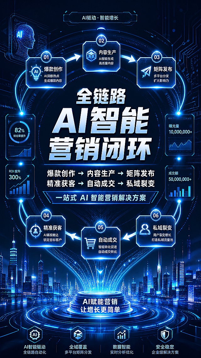 未来科技流程海报，主文案："全链路 AI 智能营销闭环 爆款创作 → 内容生产 → 矩阵发布 精准获客 → 自动成交 → 私域裂变 一站式 AI 智能营销解决方案"，全息流程可视化，光效连线设计，科技蓝主色调，商务大气风格，体现全链路自动化，竖版海报