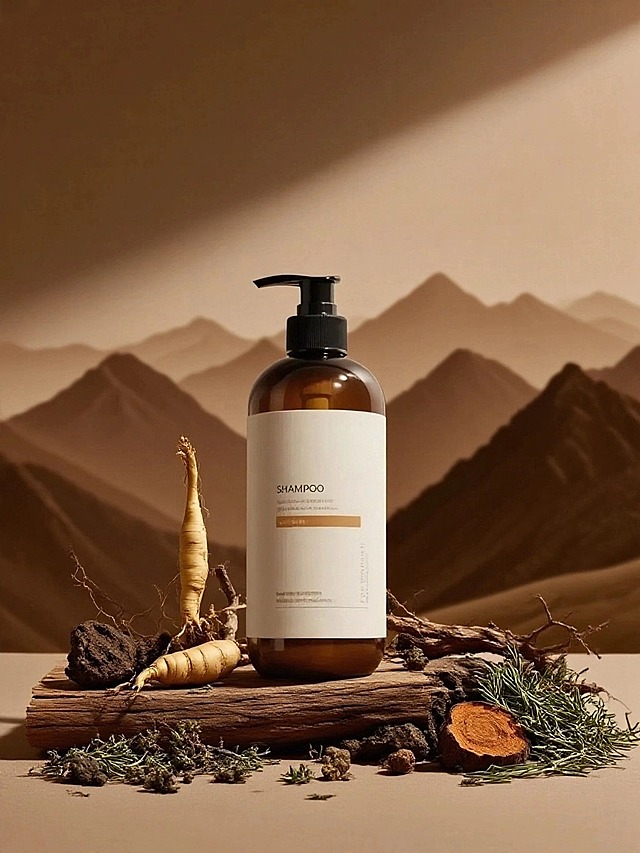 保持主体外观和形状。主体放置一根木块上，搭配人参、干枯树枝、何首乌、艾草。以暖棕色调远山为背景，营造古朴自然且高级的质感。