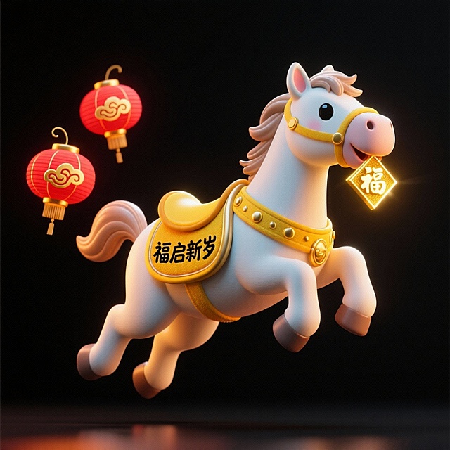 萌趣小马四肢蜷缩呈跳跃姿态，黄色鞍具上绣黑色 “福启新岁” 字样，左前蹄旁悬浮 2 个带金色祥云纹的红灯笼，嘴里的金福字发光，纯黑色背景，梦幻感强