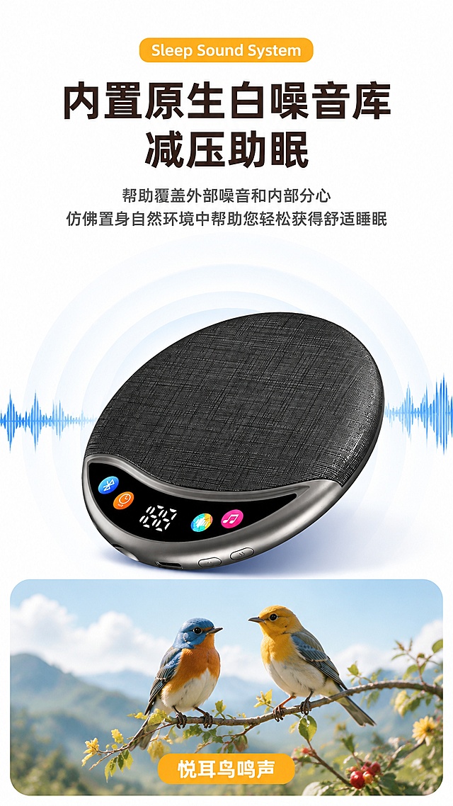 [第1屏] 详情页头图-枕上睡眠音响白噪音助眠宣传海报。本屏使用【图1】作为商品主体，参考【图2】的版式风格和信息层级进行设计。
[氛围/风格] 简约科技助眠风，白色干净背景，搭配自然元素，商业摄影质感，温馨舒适氛围。
[元素布局] 产品置于画面中部偏下，占比约50%-55%，产品为椭圆形黑色布艺纹理睡眠音响，正面带数字显示屏和彩色功能图标，产品物理结构、比例轮廓、材质质感、颜色与输入产品图一致；产品后方有多层白色同心圆声波扩散效果；产品左右两侧有蓝色渐变声波线条装饰；画面底部有圆角矩形区域，内有两只小鸟站在花枝上的自然场景图，花枝上有黄色小花和红色花苞，背景为模糊的远山蓝天；顶部留标题区。
[光影质感] 顶部柔光照明，产品下方自然柔和投影，整体明亮通透，产品表面布艺纹理清晰可见，显示屏有光泽感。
[配色色系] 全局底色 #FFFFFF 纯白色；主色深棕黑色标题；辅助色橙黄色胶囊标签、蓝色声波线条、黄色花朵点缀。
[视角构图] 正面平视，产品为视觉中心，阅读动线顶部标题 → 中部产品 → 底部鸟鸣场景说明。
[文字版式] 顶部居中橙黄色圆角胶囊标签内英文"Sleep Sound System"；其下两行超大主标题"内置原生白噪音库""减压助眠"，粗黑体深棕色，居中对齐；主标题下方两行副标题"帮助覆盖外部噪音和内部分心""仿佛置身自然环境中帮助您轻松获得舒适睡眠"，常规黑体深灰色，居中对齐；底部鸟鸣场景图下方橙黄色圆角条内文字"悦耳鸟鸣声"，白色粗体字居中。所有文字清晰可读，不遮挡产品主体。
[比例分辨率] 9:16 竖版比例，4K分辨率，文字清晰可辨，高清画质。
[负向提示词] 产品变形，缺件错件，结构错误，颜色偏差，水印，文字错乱，文字过小，产品图模糊，背景杂乱，出现平台logo或水印。