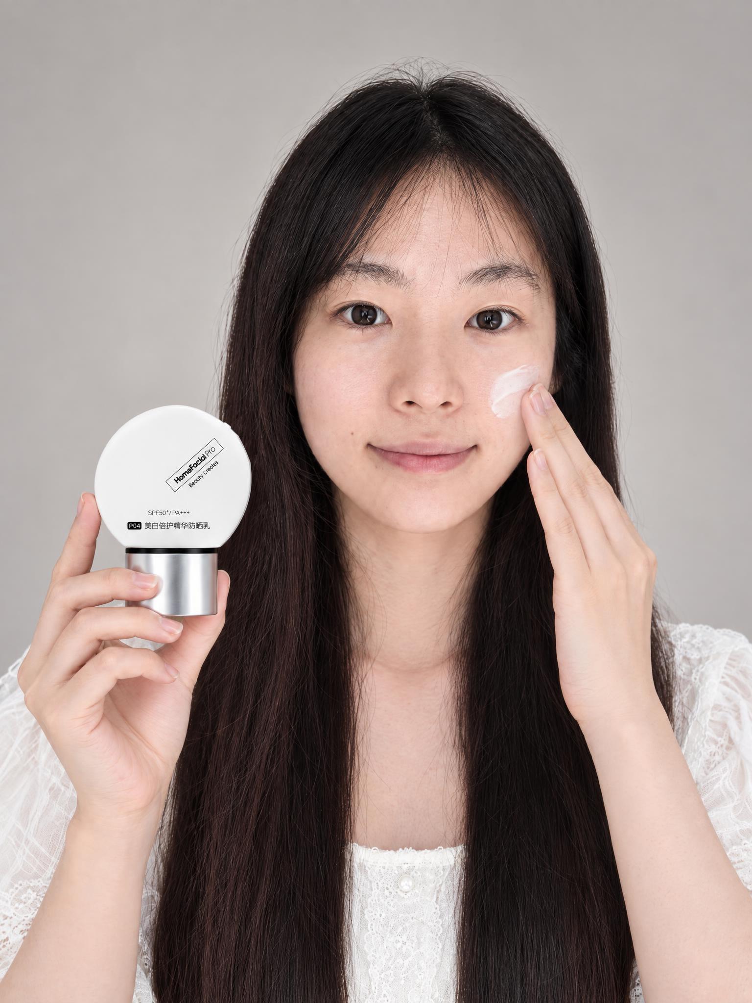 专业美妆产品棚拍，年轻东亚女性模特，黑色长直发带空气刘海，面容… - 图片创意预览