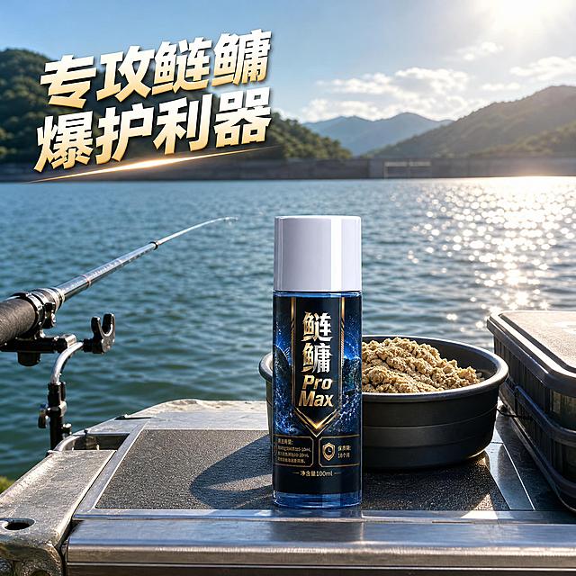 鲢鳙钓鱼小药使用场景图，户外水域钓鱼场景。背景为水库或湖泊的鲢鳙钓场，水面开阔远处有山，阳光洒落。画面中展示鲢鳙小药瓶摆放在钓台上，旁边有鱼竿和饵料盆。左上角标题专攻鲢鳙 爆护利器。自然户外光线，产品与场景自然融合，真实感强。