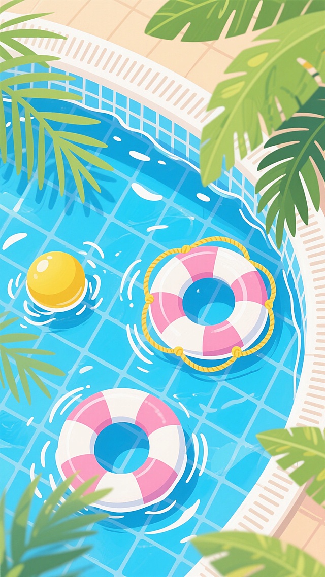 夏日泳池水面俯视图，蓝色网格状瓷砖池底，清澈池水中漂浮着粉白相间的救生圈、黄色带绳救生圈和黄色浮球，边缘点缀绿色棕榈叶，水波荡漾形成白色涟漪，整体呈现明亮欢快的卡通插画风格，色彩清新明快，光影柔和，营造出轻松愉悦的夏日氛围。