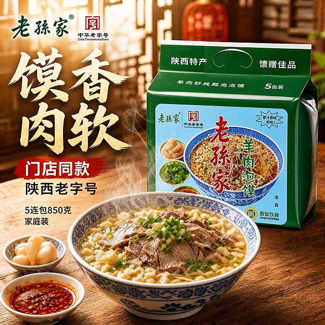 基于原图微调：1. 老孙家羊肉泡馍绿色5连包包装稍微放大一点 占比从约35%调至约42% 位置保持画面右侧 包装正面完整 外观颜色文字图案与原图完全一致 不要放太大 2. 所有文字替换为免费商用字体 主标题馍香肉软改用站酷庆科黄油体或站酷快乐体等免费商用书法风格字体 保持米金色毛笔质感和飞白效果 左上角老孙家三字改用免费商用书法体 3. 辅助文字门店同款 陕西老字号 5连包850克家庭装 中华老字号 陕西特产 馈赠佳品 5包装 西安饮食等全部使用思源黑体或阿里巴巴普惠体等免费商用无衬线字体 4. 前景羊肉泡馍碗 糖蒜碗 油泼辣子碗位置和大小基本不变 构图保持平衡 5. 背景中式窗棂 红灯笼 木桌 自然暖阳逆光氛围全部保持不变 6. 整体画面协调自然 包装略微更突出 文字清晰可读 无变形 无错字