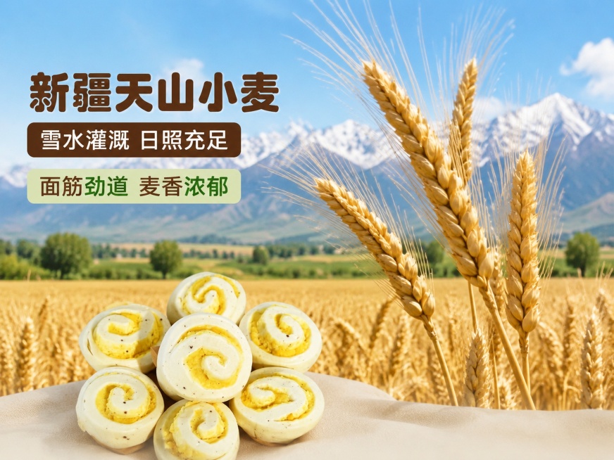 [第2屏] 新疆天山小麦产地展示，突出奶黄馒头原料优势。本屏使用新疆天山麦田实景作为背景，原料信息放大展示。
[氛围/风格] 自然清新风，真实产地风光，明亮通透摄影质感。
[元素布局] 画面上半部分展预览效果