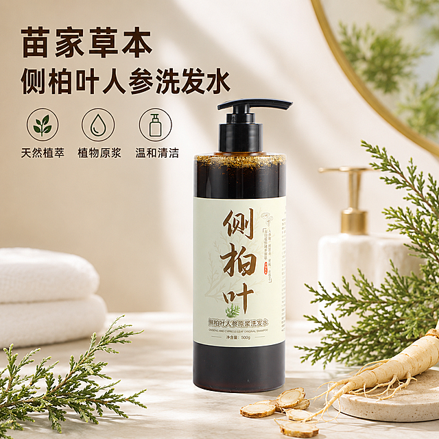 [主图-1] 展示单瓶苗家草本侧柏叶人参原浆洗发水，首图突出天然草本植萃属性。
[氛围风格] 清新自然简约风，天然草本氛围感，明亮通透；
[画质] 商业摄影质感、光线柔和通透、产品清晰真实、画面干净高级。
[元素] 单瓶洗发水居中放置，背景为浅米色简约干净的浴室角落，旁边点缀新鲜侧柏叶枝叶和人参片，增加天然草本氛围感。保持洗发水产品外观（即物理结构、材质质感、颜色）与输入产品图绝对一致，杜绝任何变形和色差，精细化处理。商品主体占比严格控制在65%左右；画面满屏无边框。
[光影] 明亮自然光从侧面照射，整体高亮通透，阴影柔和，突出洗发水的质地和草本成分的清新感。
[配色] 主色调浅米白，辅助色草木绿、深棕。
[视角构图] 平视，产品居中为视觉焦点，景深适中，产品完整不裁切。
[文字版式] 左上负空间左对齐留安全边距，大字主文案“苗家草本”“侧柏叶人参洗发水”，深棕色粗体无衬线；下方三列卖点排版：列一「🌿 天然植萃」列二「💧 植物原浆」列三「🧴 温和清洁」，文字清晰，层次分明。
[比例分辨率] 1:1 比例，4k 分辨率；文字清晰锐利，画面超高清。
[负向提示词] 变形，水印，文字错乱，产品图模糊，背景杂乱，大面积冷科技蓝