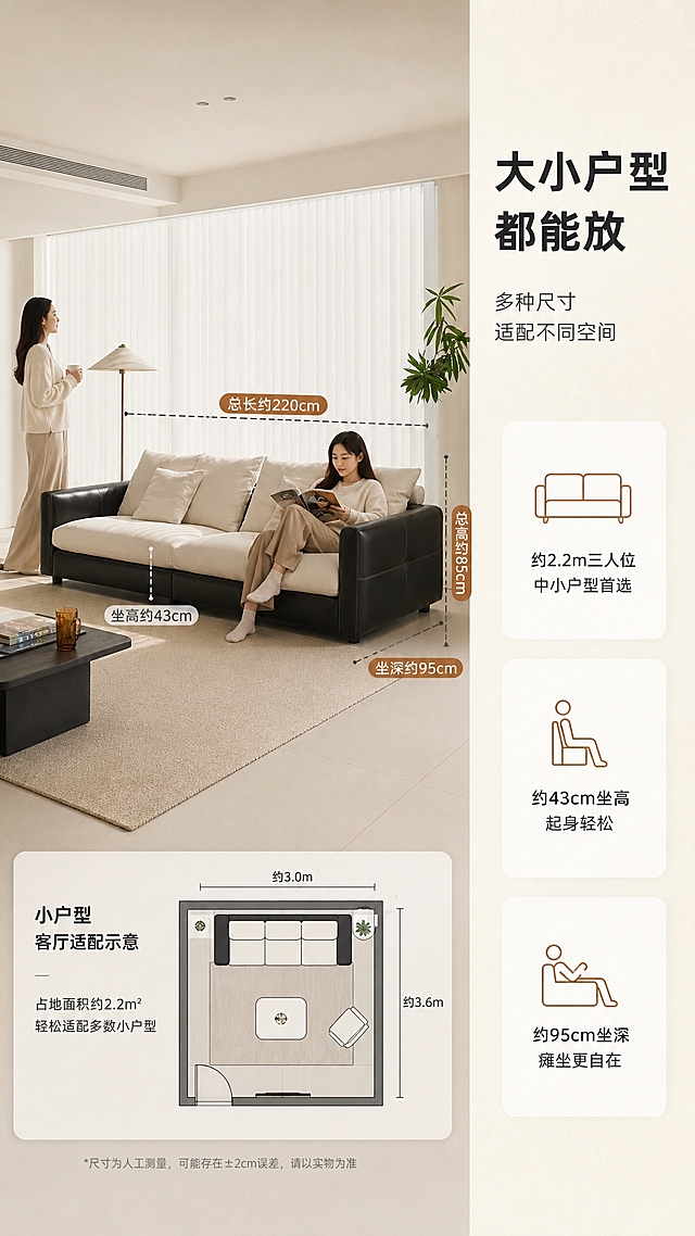[商品] 使用【图1】意式极简真皮拼布直排三人位沙发；保留黑色真皮扶手与外框、米白色布艺坐垫与靠枕、整体直排结构、真皮与布艺拼接设计；不改变沙发结构、颜色和比例。
[画面] 目标：第7张-空间尺度页，展示沙发尺寸与小户型适配性。构图：左尺寸示意右文案，左侧约2/3为沙发带尺寸标注的空间场景，右侧约1/3为尺寸利益说明。主体：沙发正面微侧摆放于客厅中，周围有虚线尺寸标注总长度、坐深、坐高、总高度等，沙发占画面约50%。场景：明亮简约客厅空间，以人体站立和坐姿作为尺度参照，展示占地比例和空间感，旁边有小户型客厅平面示意图小插图。光线：均匀柔和自然光，整体明亮，尺寸线清晰可见。阅读动线：从左到右，先看尺寸示意再读利益说明。
[视觉] 套系策略：风格=现代意式极简高级家居商业摄影；标题字=现代无衬线粗体中文；正文字=简洁无衬线体；主色=米杏白+深棕黑；背景延展=基于米杏白做深浅层级、同色渐变和细腻墙面/纸张质感；强调色=暖焦糖色，仅用于小面积图标、引线和标签；标题色=深炭灰；正文色=中暖灰；组件=圆角浅底信息卡、细线引线、胶囊形卖点框；光影=均匀柔和正面光，整体明亮通透。
[文字] 右侧文案区：主标题"大小户型 都能放"（大字号，深炭灰）；副标题"多种尺寸 适配不同空间"（中字号，中暖灰）；下方3个尺寸利益点配图标："约2.2m三人位 中小户型首选"、"约43cm坐高 起身轻松"、"约95cm坐深 瘫坐更自在"（小字号，深炭灰，每项配细线图标）。左侧沙发用虚线标注关键尺寸数字。文字不遮挡沙发主体。
[规格] 图片比例9:16竖版，4K，避免变形、错字、文字过小、冷蓝/蓝灰背景、尺寸标注混乱、极限词。