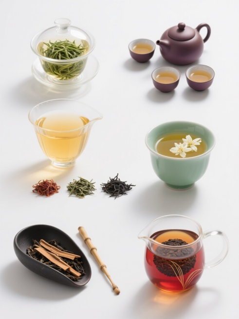 高清晰写实风格的茶元素系列素材集合，六个完全不同的茶相关元素规整排布在纯白色纯色背景上，保持透明玻璃材质的细腻质感和金黄茶水的通透光泽，光影效果统一为柔和的顶部光源，阴影清晰自然。第一个元素：透明玻璃盖碗中盛放着嫩绿的碧螺春茶叶，茶汤清澈；第二个元素：紫砂茶壶搭配四个小茶杯，壶嘴微微倾斜，仿佛刚倒出茶水；第三个元素：透明玻璃公道杯下方摆放着三个不同品种的干茶样本，分别是红茶、绿茶和乌龙茶；第四……预览效果