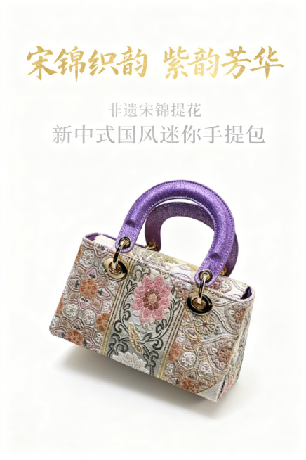 严格还原上传产品图，包括包身宋锦提花宝相花纹样、紫调闪面手柄、金属五金配件、所有颜色细节、结构细节。产品置于画面绝对视觉中心，45°斜侧黄金视角，完整展示包型全貌与正面提花细节。主标题“宋锦织韵 紫韵预览效果