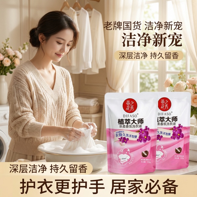 我是网店卖家，产品是我是网店卖家，产品是老品牌国货,蒂花之秀驰名商品袋装洗衣液，洗衣洁净，香味持久，根据你的经验帮我生成一个电商主图，提升一些洗衣液主体质感，切记不要出现网络违禁词,略微提升质感包装袋预览效果