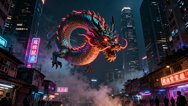 A powerful flying dragon soaring above Hong Kong at night, glowing neon dragon scales, sharp eyes, surrounded by skyscrapers with neon signs, mafia atmosphere, dark cinematic lighting, cyberpunk Hong Kong streets below, fog and smoke, dramatic shadows, crime syndicate vibe, ultra-detailed, realistic fantasy, 8K, wide angle, epic composition