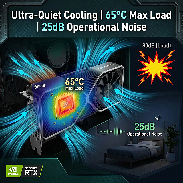 Thermal and noise reduction image for NVIDIA RTX 3060, FLIR thermal imaging overlay showing GPU core at 65°C under full load, exaggerated blue airflow lines representing efficient cooling, quiet bedroom background with subtle sound wave graphic (25 dB) vs. traditional "noise explosion" symbol (80 dB) for comparison, text overlay: "Ultra-Quiet Cooling | 65°C Max Load | 25dB Operational Noise", dark industrial background, cool blue and green color palette.